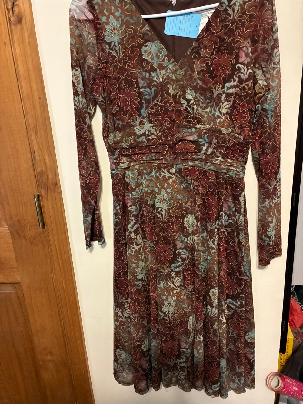 Coldwater Creek Brown Floral Long-Sleeve Wrap Dress with Teal Accents